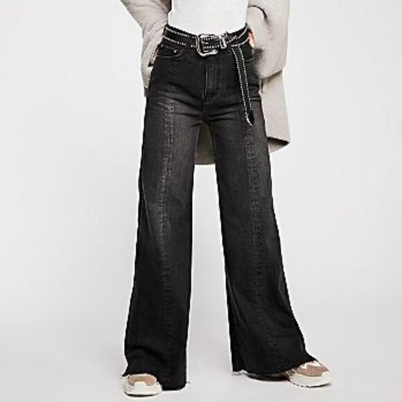 NEON BLONDE Pants - Free People Neon Blonde Black Siren Mum Fit Wide Leg Jeans Size 26